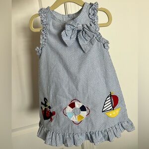 Seersucker appliqué dress, boating motif. 3T
